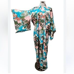 Vintage 1950s One Size Japanese Kimono Robe Psychedelic Kaftan Floral Blue VGUC